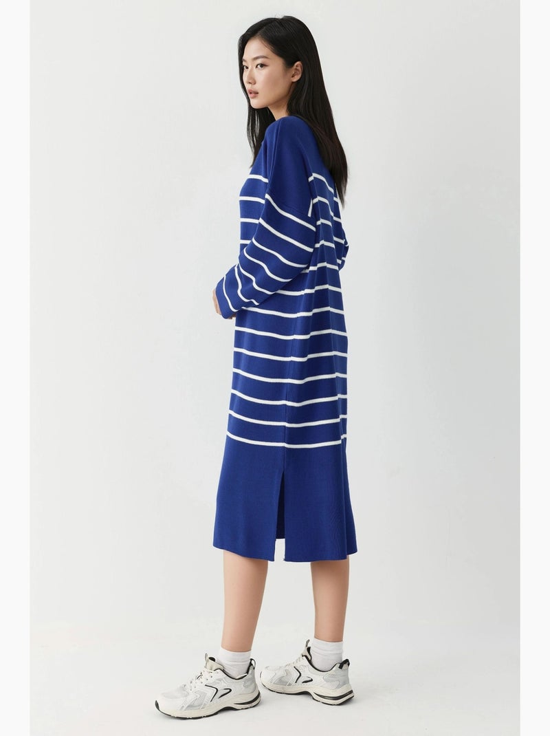 Robe midi ample en maille rayée à col v et fente, my fashion Bleu cobalt - Kiabi