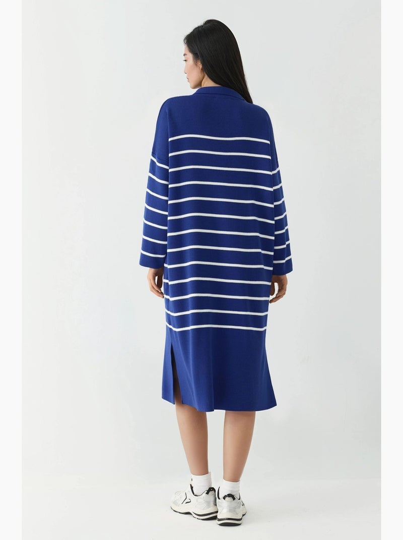 Robe midi ample en maille rayée à col v et fente, my fashion Bleu cobalt - Kiabi