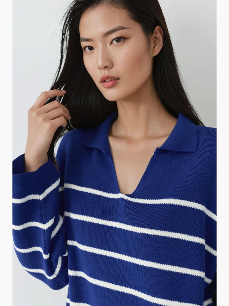 Robe midi ample en maille rayée à col v et fente, my fashion Bleu cobalt - Kiabi