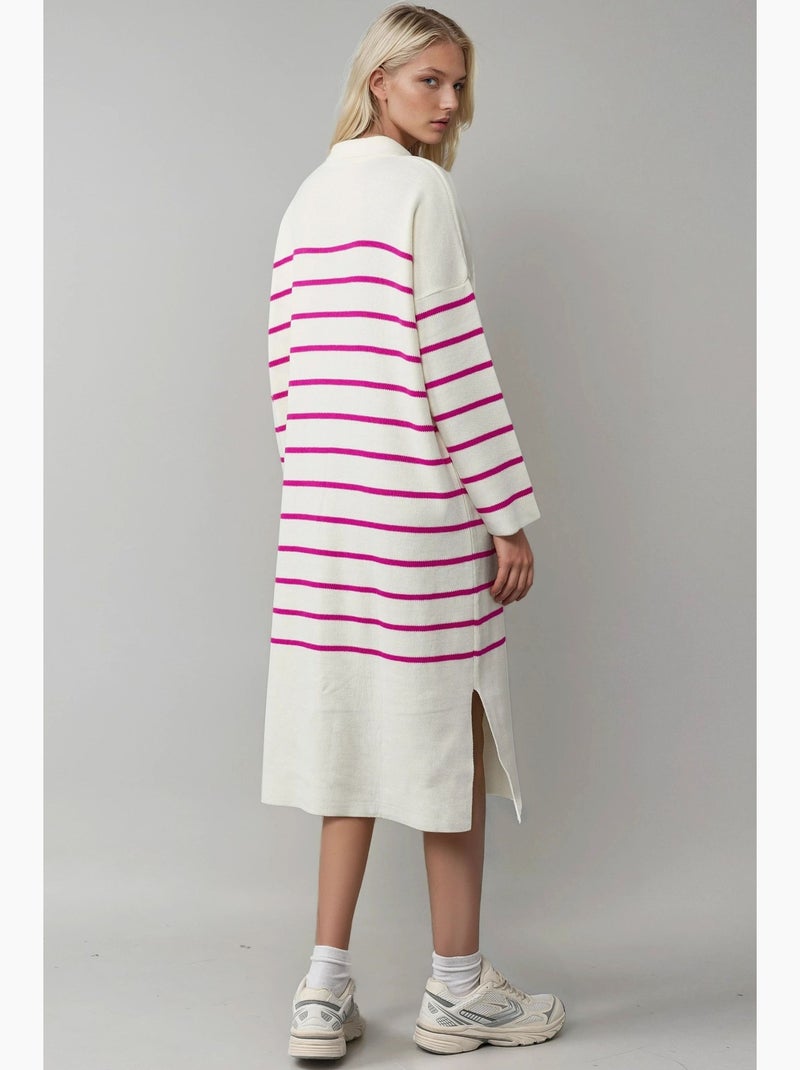 Robe midi ample en maille rayée à col v et fente, my fashion Magenta - Kiabi