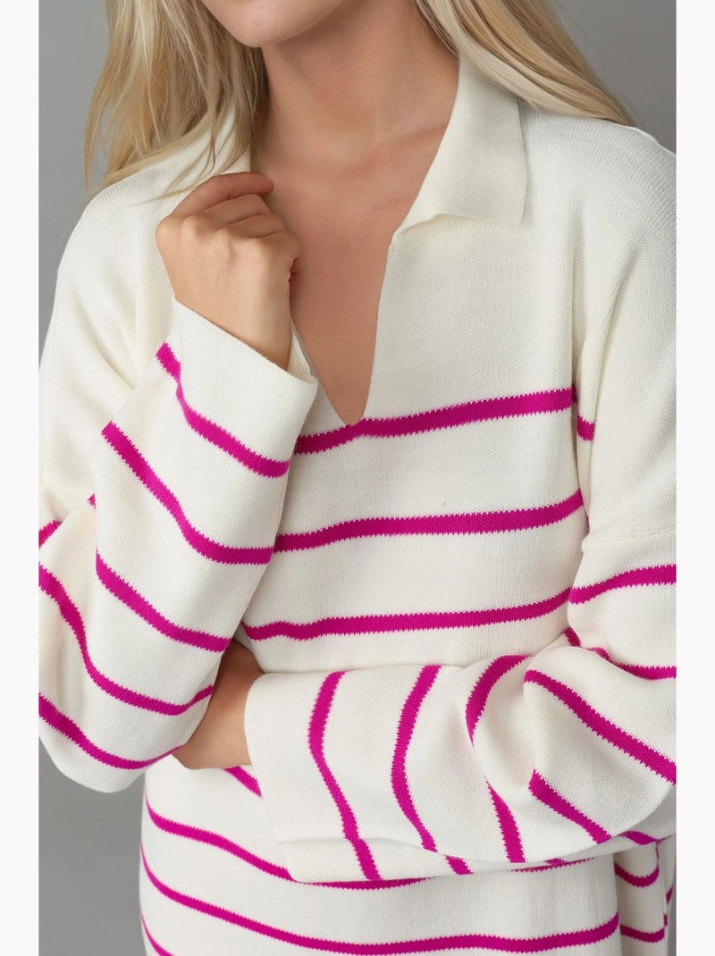 Robe midi ample en maille rayée à col v et fente, my fashion Magenta - Kiabi