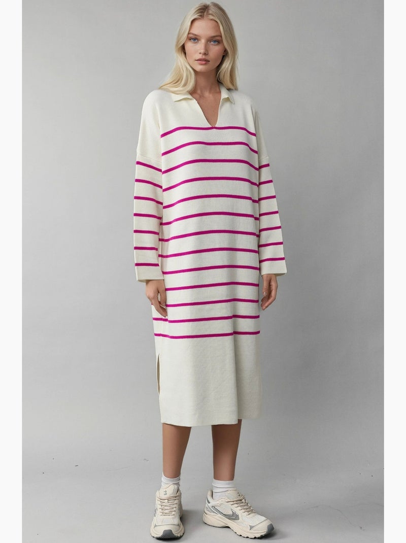 Robe midi ample en maille rayée à col v et fente, my fashion Magenta - Kiabi
