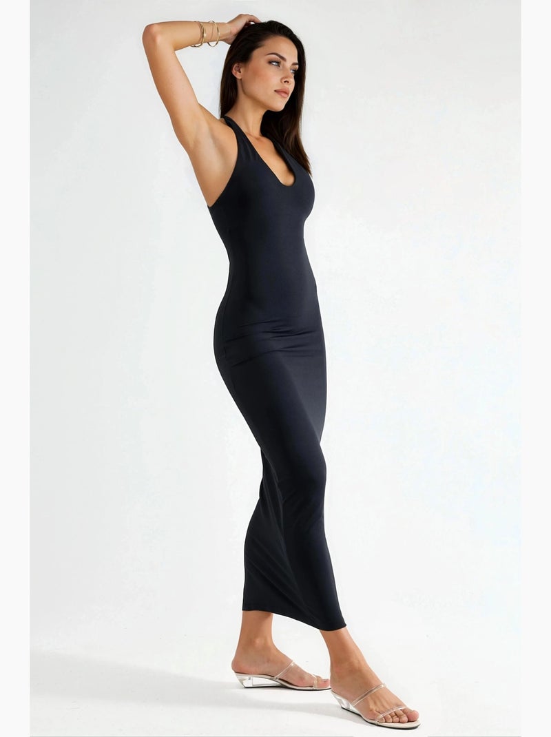 Robe midi asymétrique à col en v busem Noir - Kiabi