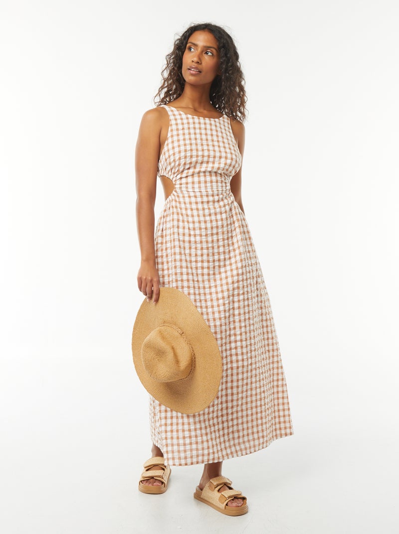 Robe midi avec dos nu et imprimé vichy Beige - Kiabi