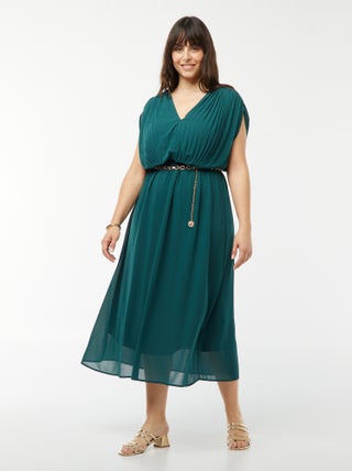 Robe midi avec emmanchures descendues et haut plissé