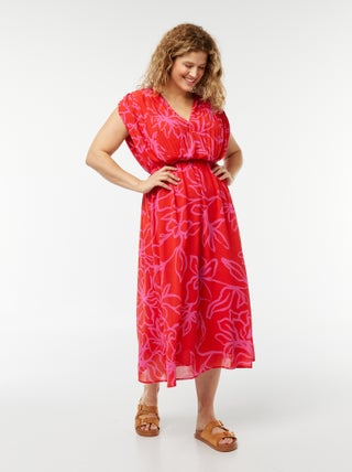 Robe midi avec emmanchures descendues et haut plissé