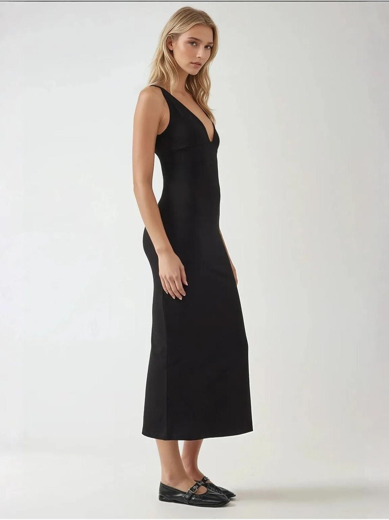 Robe midi basique à col en v et coupe ajustée hiccup Noir - Kiabi
