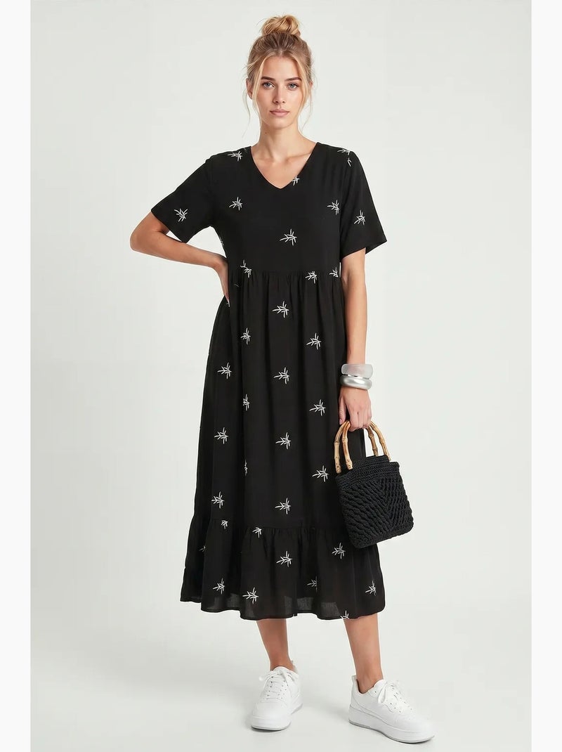 Robe midi brodée à col v istanbul Noir - Kiabi