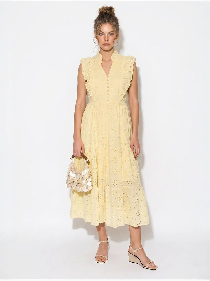 Robe midi brodée en mélange de coton lucci Jaune citron - Kiabi