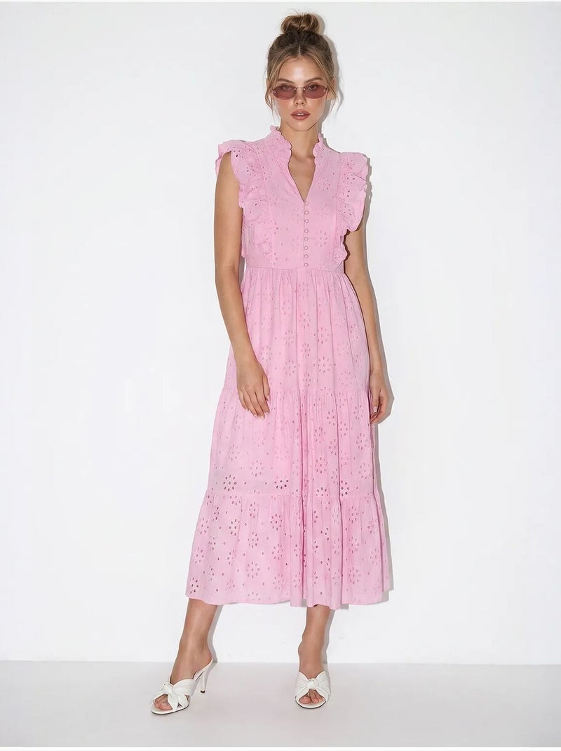 Robe midi brodée en mélange de coton lucci Rose - Kiabi