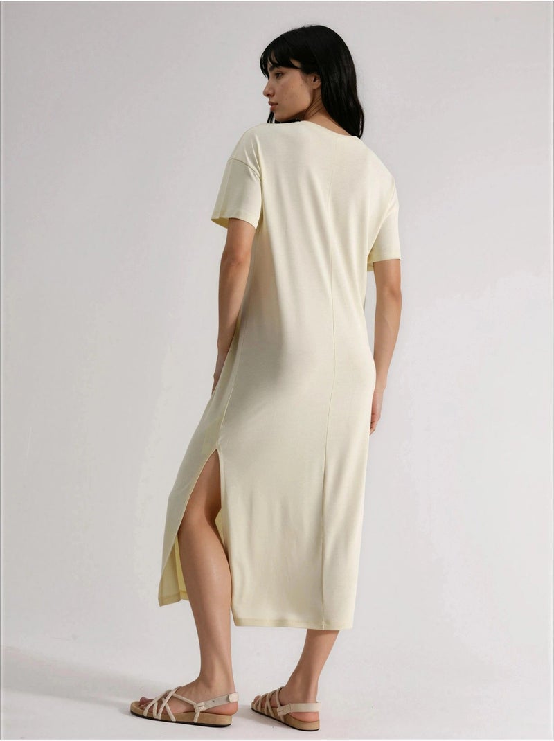 Robe midi côtelée à col rond busem Jaune citron - Kiabi