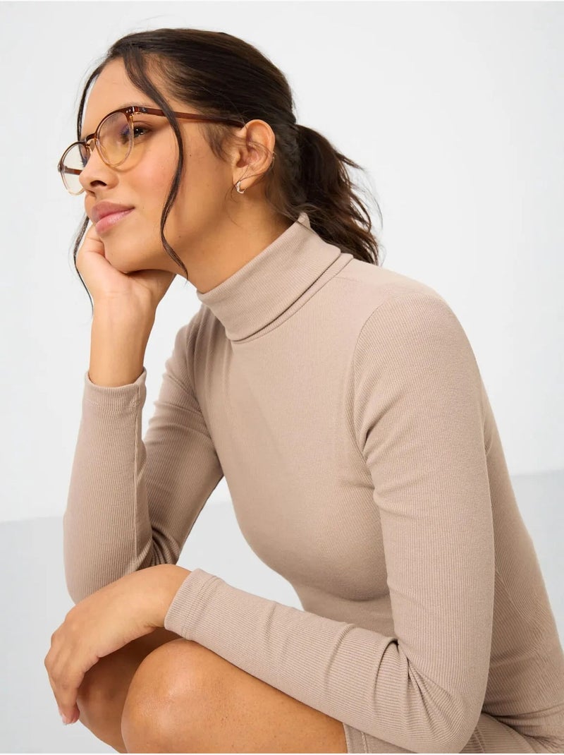 Robe midi côtelée à col roulé tommy Beige argile - Kiabi