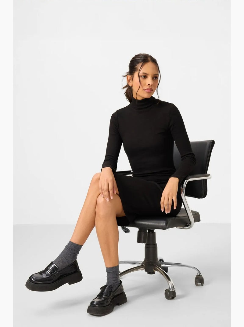 Robe midi côtelée à col roulé tommy Noir - Kiabi