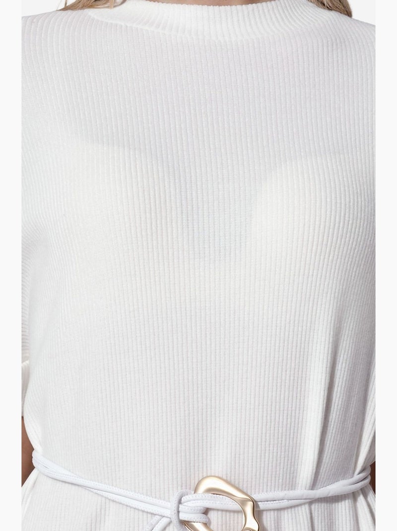 Robe midi côtelée avec ceinture busem Blanc cassé - Kiabi