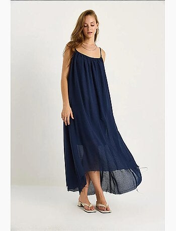 Robe midi en mousseline unie à fines bretelles et ourlet transparent lucci