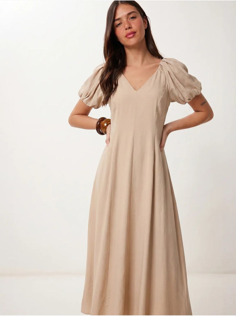 Robe midi femme ligne a avec col en v istanbul Beige argile - Kiabi