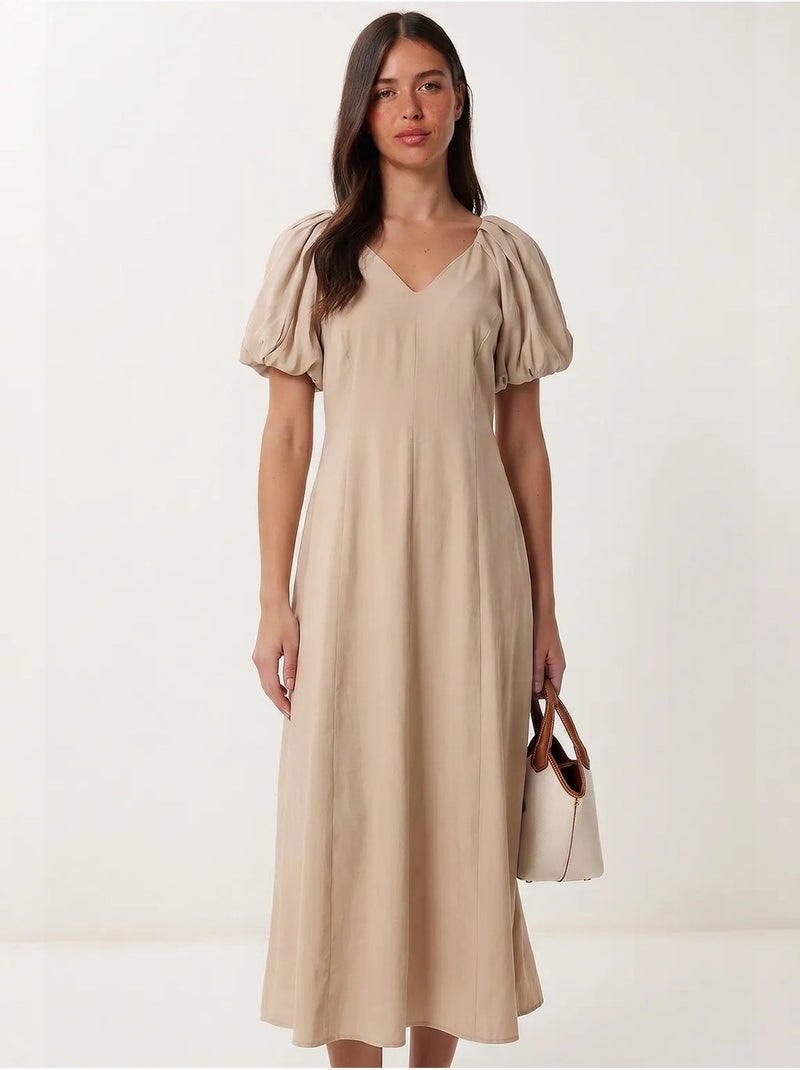 Robe midi femme ligne a avec col en v istanbul Beige argile - Kiabi