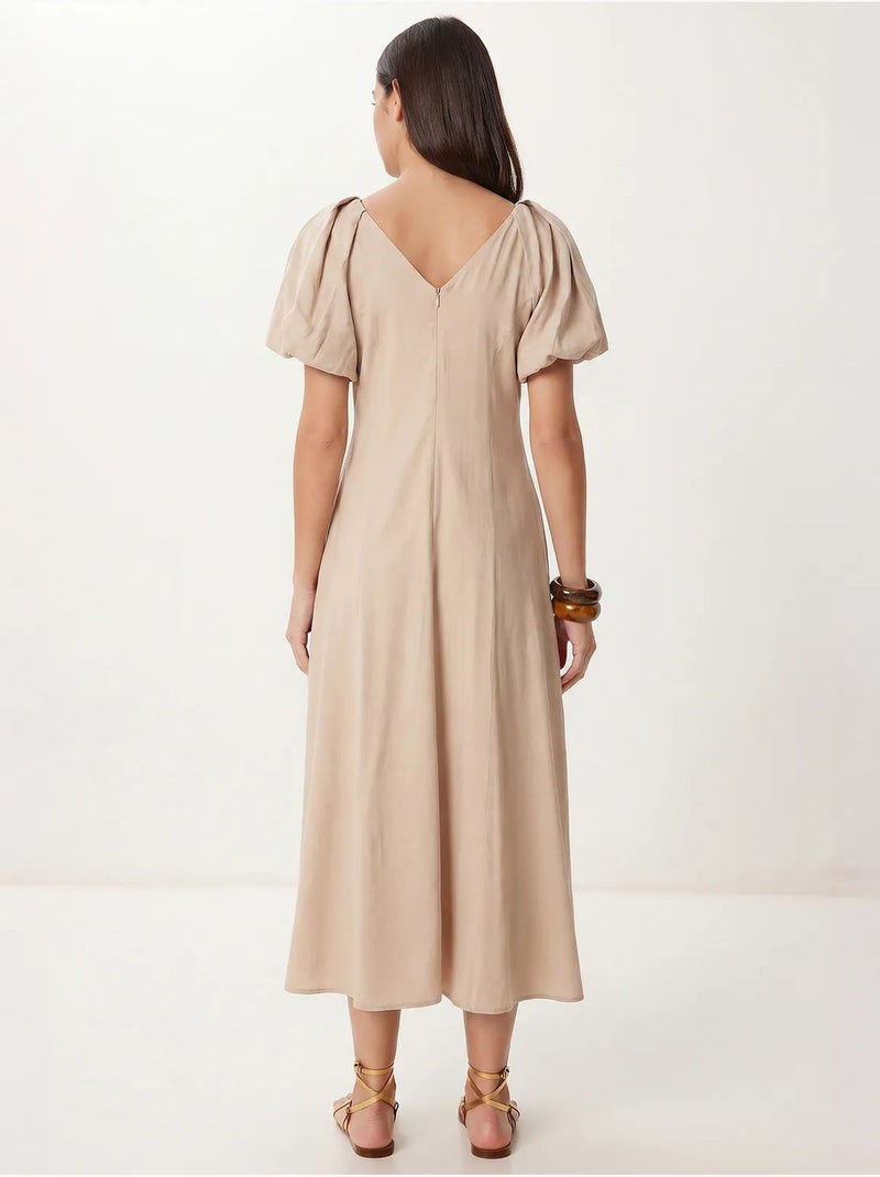 Robe midi femme ligne a avec col en v istanbul Beige argile - Kiabi