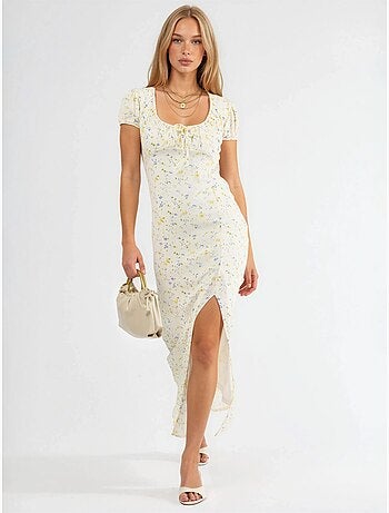 Robe midi fleurie à col u avec détail nœud busem