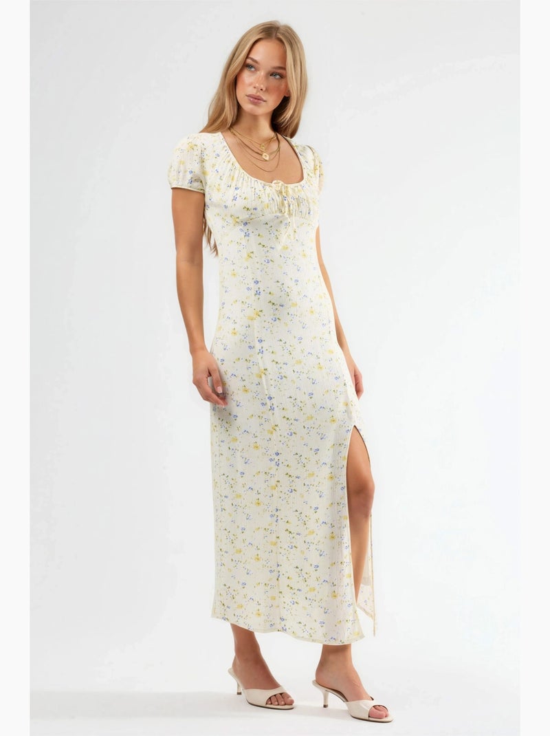 Robe midi fleurie à col u avec détail nœud busem Blanc - Kiabi