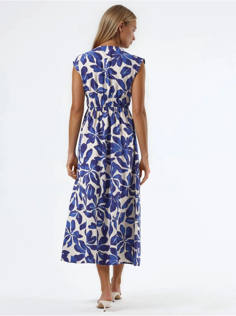 Robe midi fleurie à col v avec détail nœud busem Bleu foncé - Kiabi