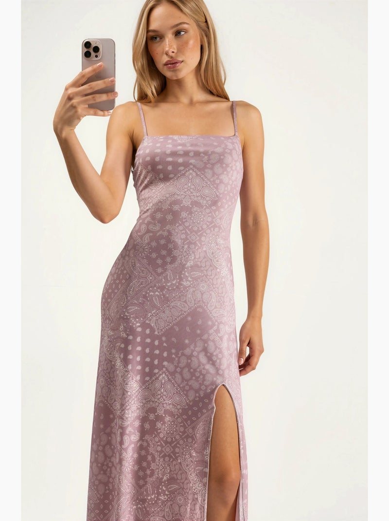 Robe midi imprimée à col carré hiccup Rose fluo/Solinotes - Kiabi