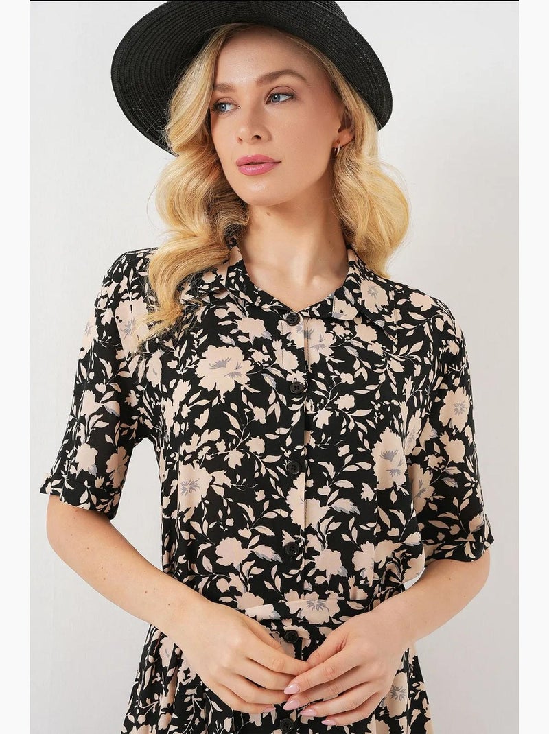 Robe midi imprimée avec coupe a et col chemise bdart Noir - Kiabi