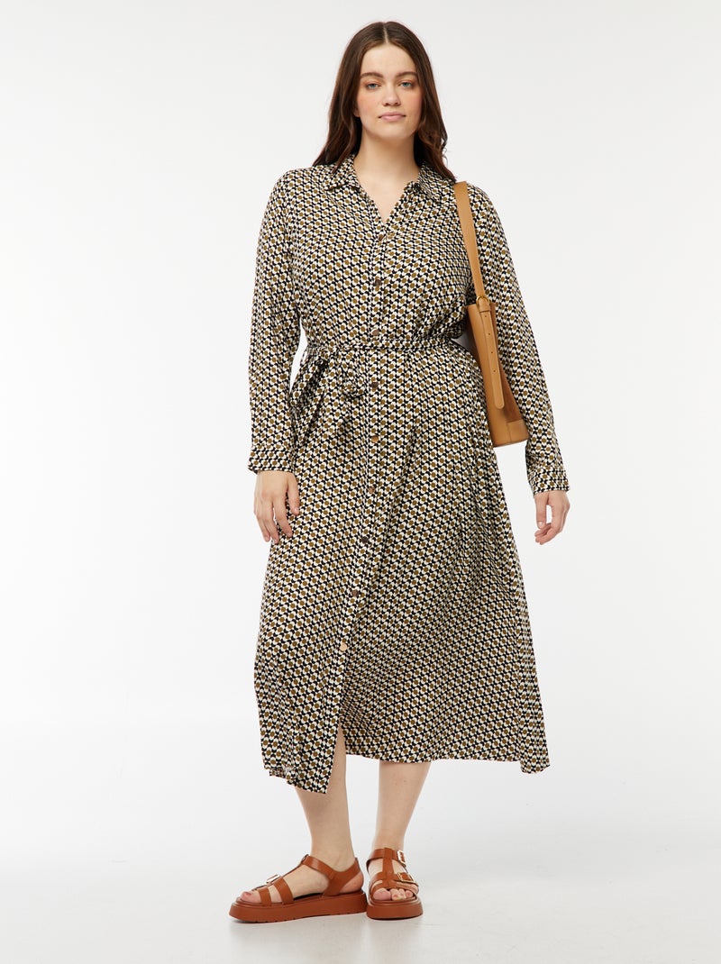 Robe midi imprimée ceinturée et pressionnée Kaki/blanc/noir - Kiabi