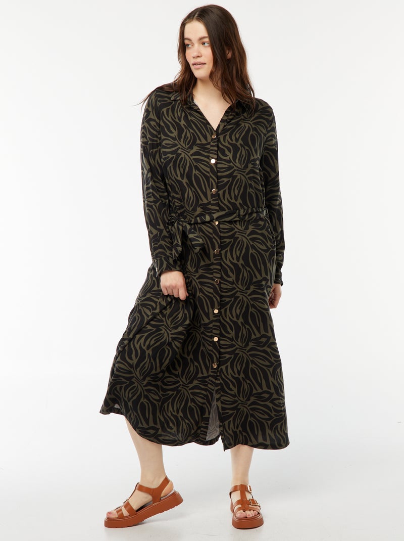 Robe midi imprimée ceinturée et pressionnée Kaki/noir - Kiabi