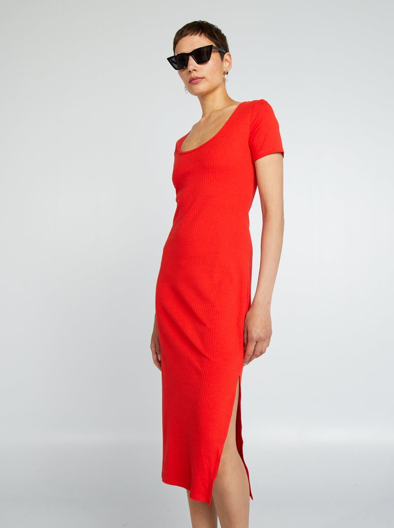 Robe midi maille côtelée rouge - Kiabi