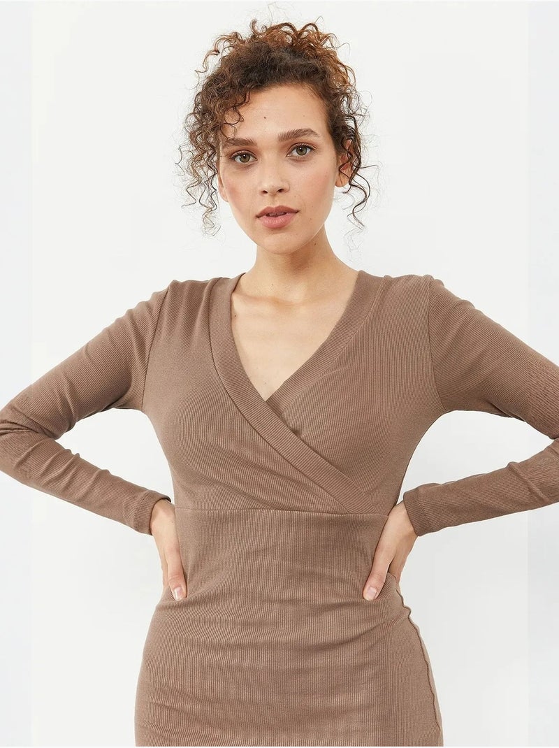 Robe midi moulante côtelée à col en v tommy Taupe - Kiabi