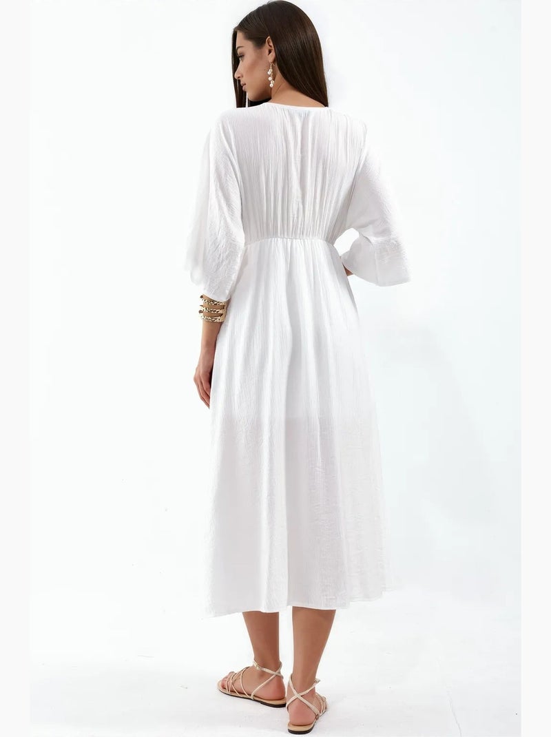 Robe midi portefeuille à col v et manches trois-quarts busem Blanc cassé - Kiabi