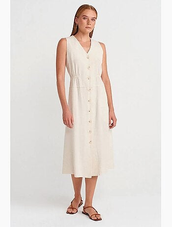 Robe midi sans manches à col v et boutons dilvin