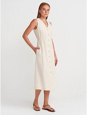 Robe midi sans manches à col v et boutons dilvin