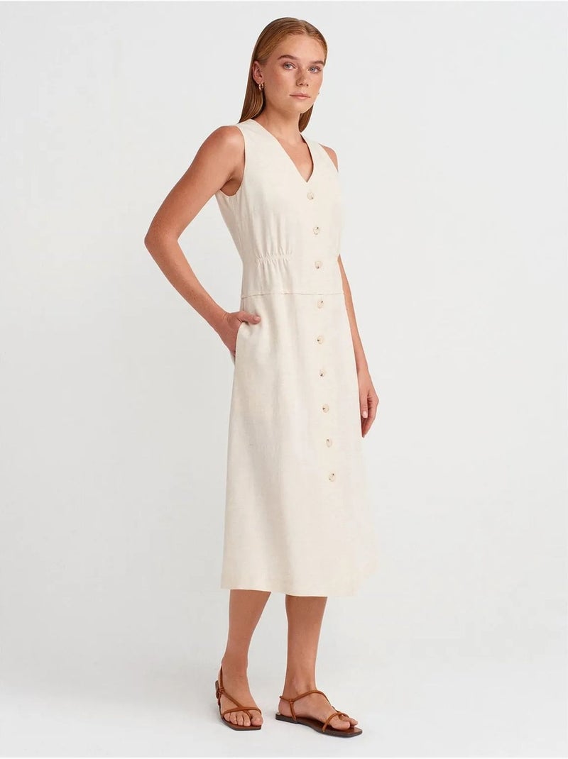 Robe midi sans manches à col v et boutons dilvin Crème - Kiabi
