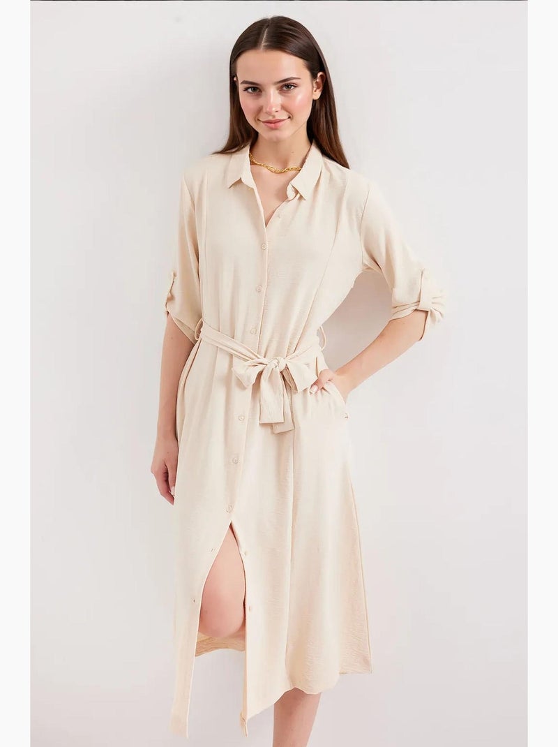 Robe midi texturée avec nœud bdart Crème - Kiabi