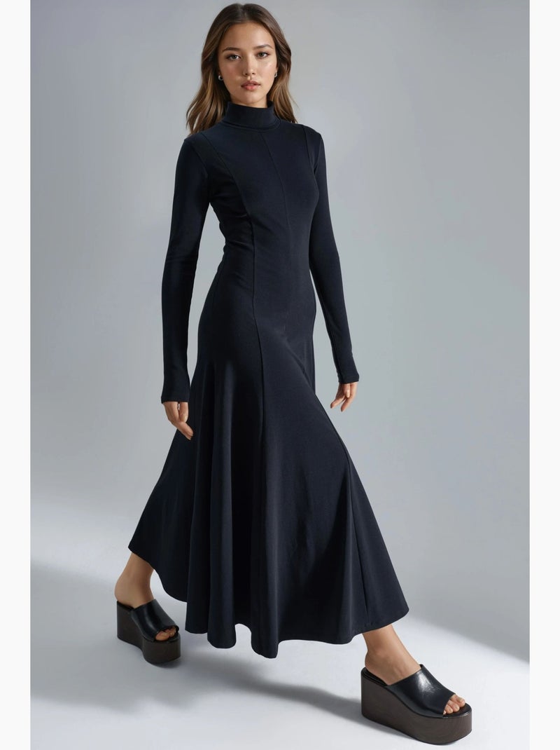 Robe midi trapèze à manches longues et col bateau busem Noir - Kiabi