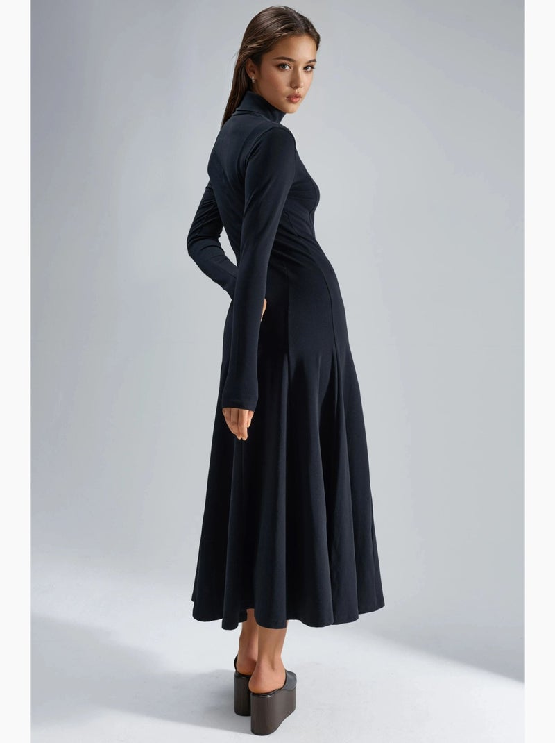 Robe midi trapèze à manches longues et col bateau busem Noir - Kiabi