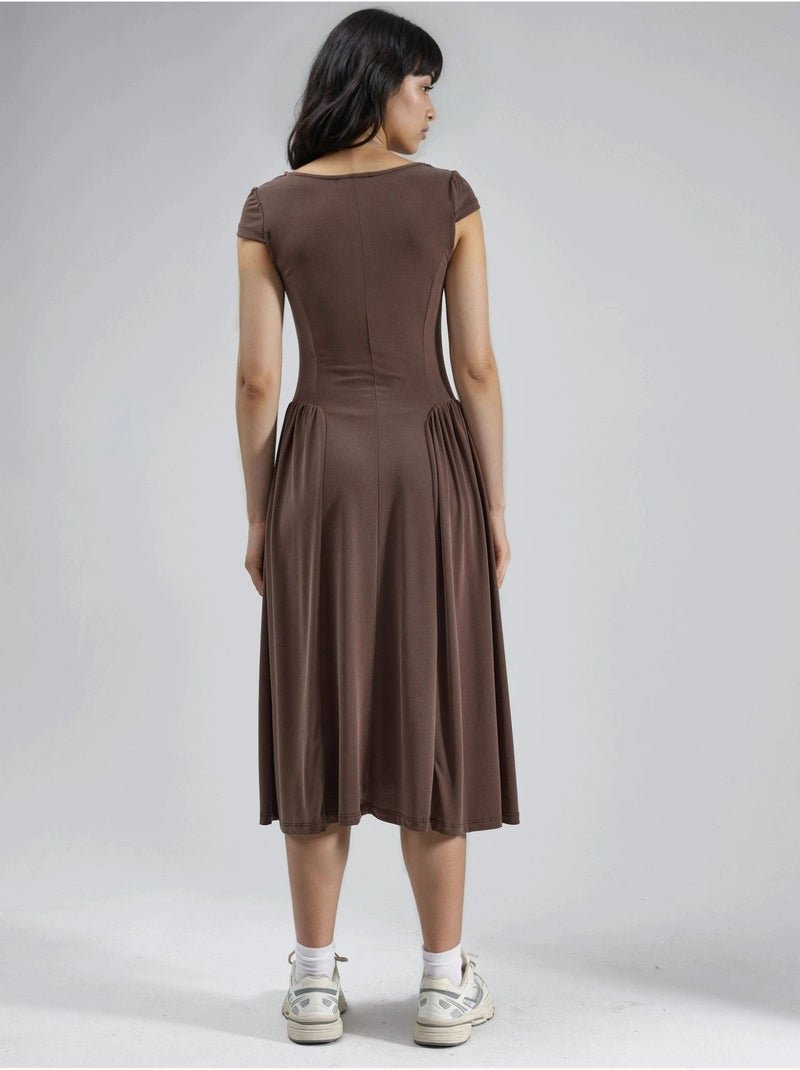 Robe midi unie à col en u et empiècements busem Marron clair - Kiabi