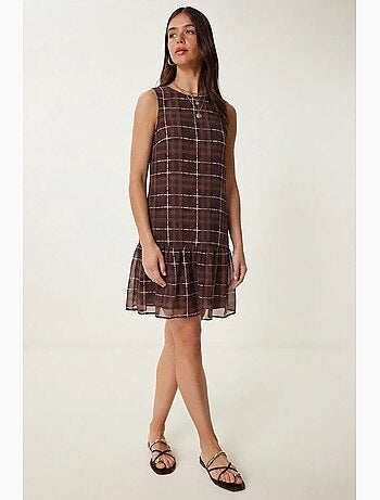 Robe mini à carreaux volantés et col rond istanbul