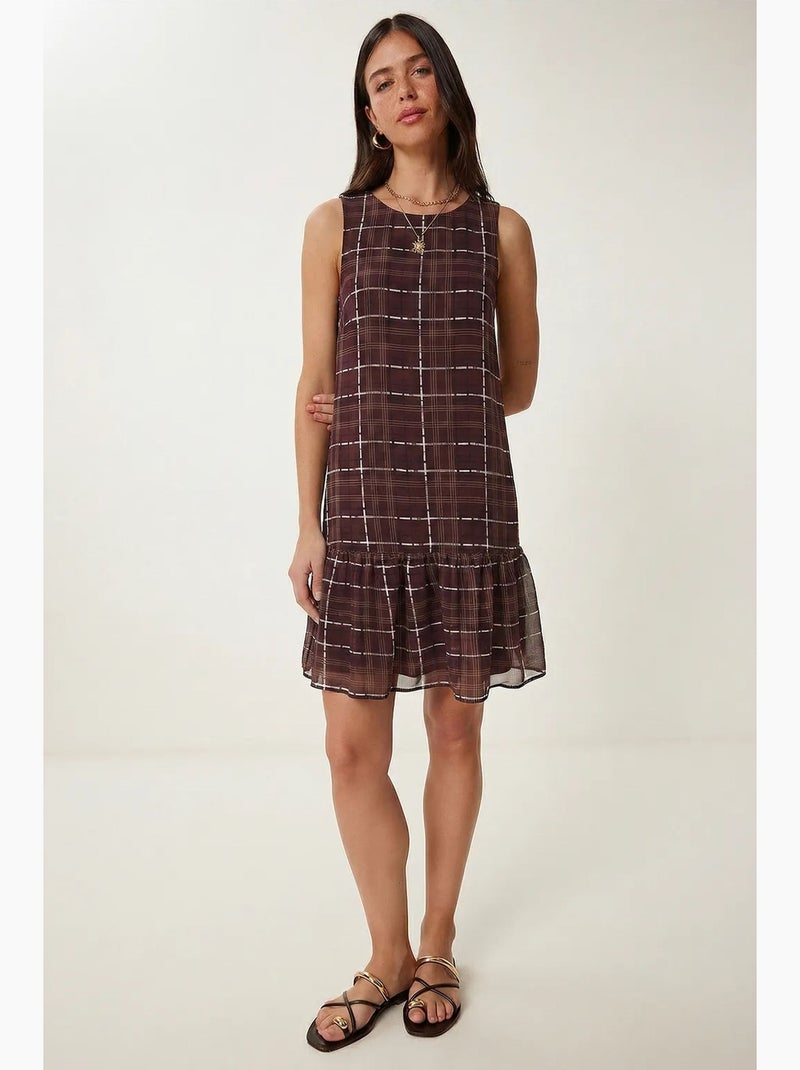 Robe mini à carreaux volantés et col rond istanbul Blanc Marron - Kiabi