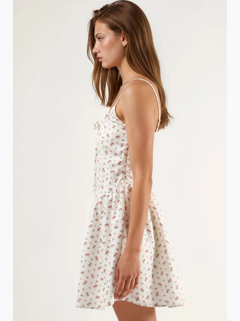 Robe mini fleurie à col u avec détail nœud busem Blanc cassé - Kiabi