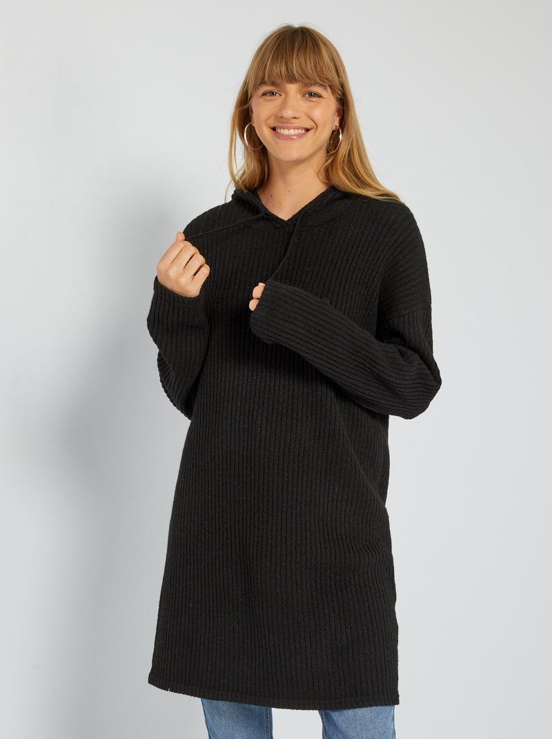 Robe pull à capuche en rib Noir - Kiabi