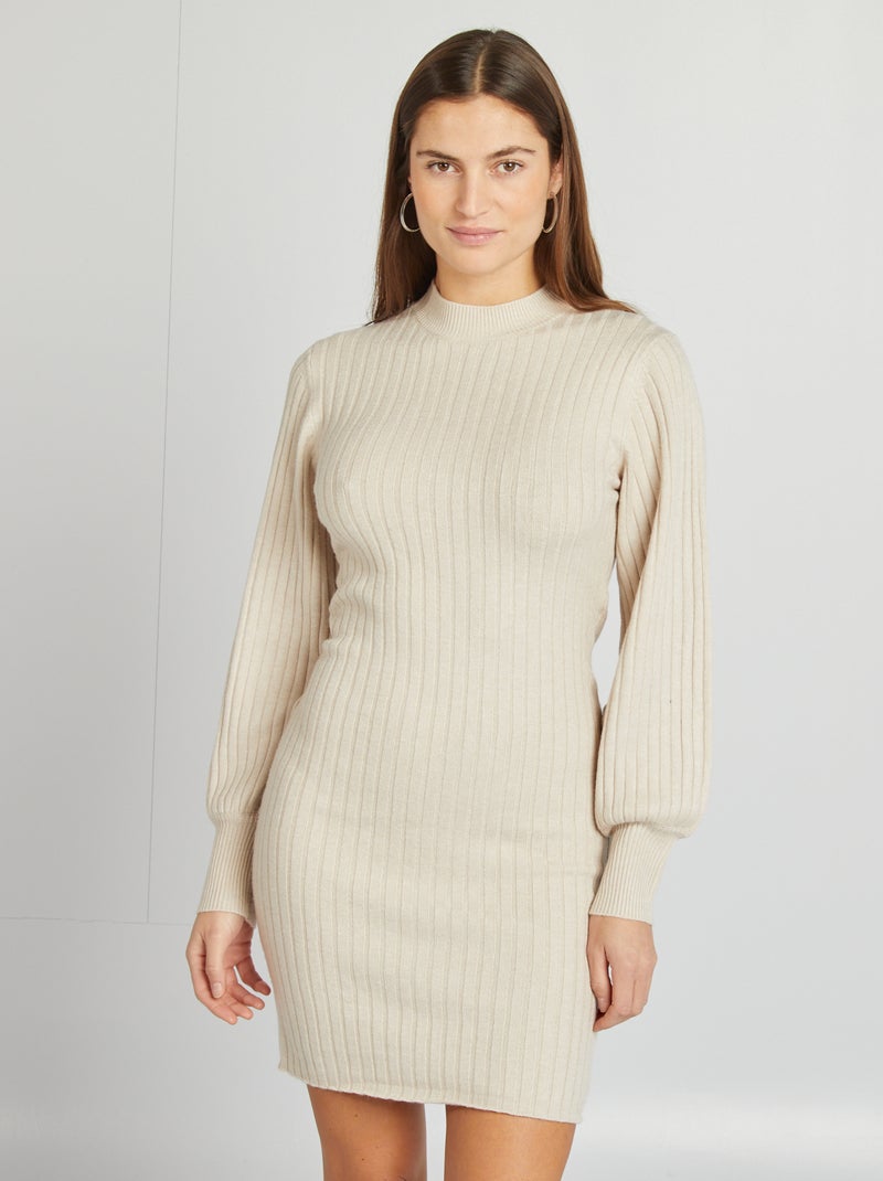 Robe pull courte côtelée Beige - Kiabi