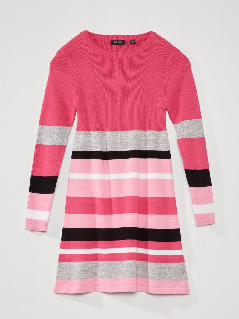 Robe pull en maille côtelée rayée Rose rayée - Kiabi