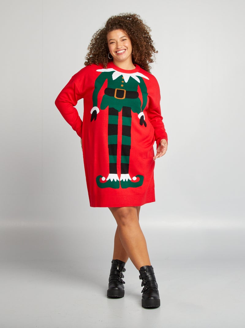 Robe pull en maille 'noël' 'lutin' Rouge - Kiabi