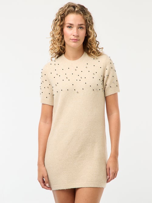 Robe pull maille doudou avec perles - Kiabi