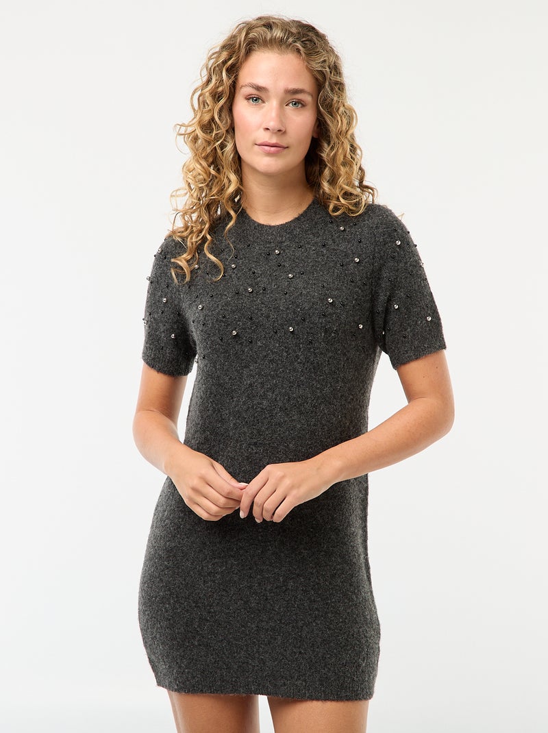 Robe pull maille doudou avec perles Gris - Kiabi