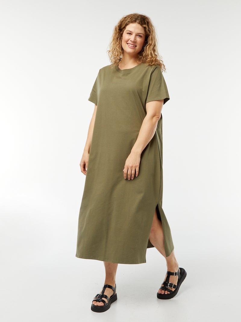 Robe t-shirt longue à manches courtes unie Kaki - Kiabi