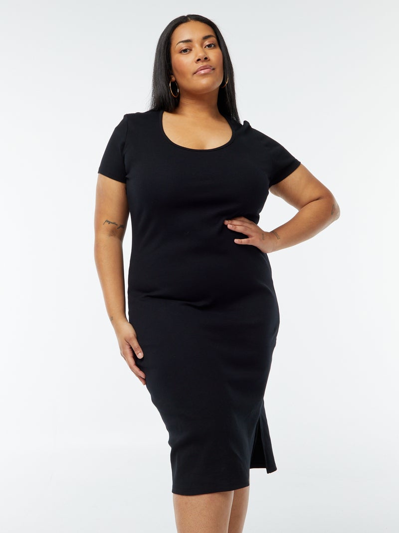Robe t-shirt unie finement côtelée à manches courtes noir - Kiabi